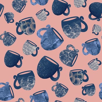 seamless pattern of mugs and cups on a pink background. Hand-drawn illustration. Fashionable background for the design of kitchen accessories, napkins, towels, textiles