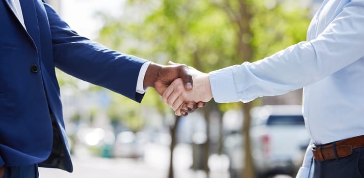 Black man, hiring or businessman shaking hands in city for b2b negotiation or contract agreement. Handshake, thank you or zoom of manager meeting, networking or partnership deal opportunity outdoors.