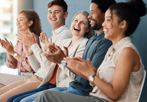 Diversity, audience clapping and in a meeting together for success at modern workplace office. Achievement or happiness, celebration or support and happy colleagues with applause at their work.