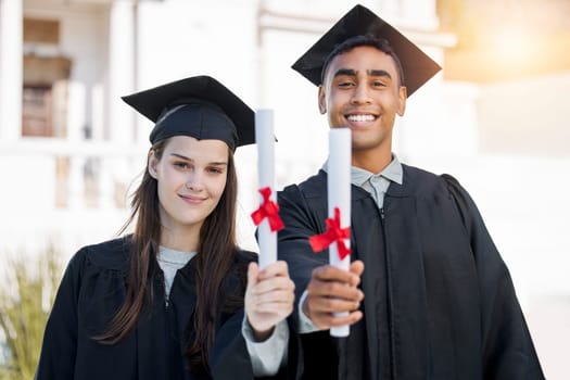 Graduation portrait, diploma and people in university, education or learning success, achievement and scholarship. Award, certificate and graduate, college students or face of friends for celebration.