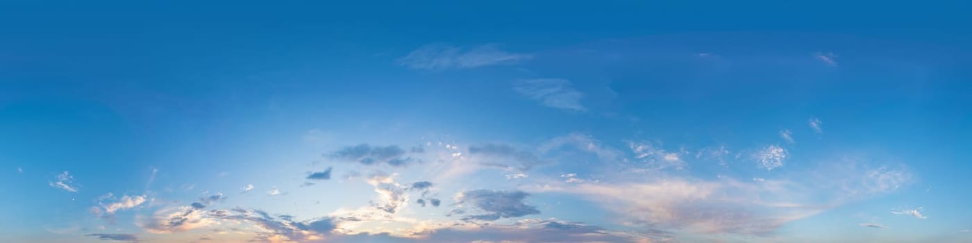 Dark blue sunset sky panorama with pink Cumulus clouds. Seamless hdr 360 pano in spherical equirectangular format. Full zenith for 3D visualization, game, sky replacement for aerial drone panoramas