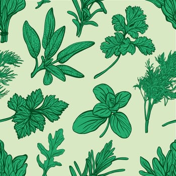 Italian herbs seamless pattern. Provencal condiments and herbs pattern. Mediterranean cuisine. Hand-drawn illustration