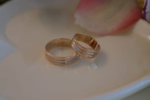 Wedding rings on a white saucer. High quality photo