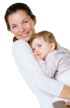 Portrait, love and mother with baby in a studio hug, care and embracing against a white background. Face, smile and parent with little boy hugging, happy and enjoy bond, relationship and motherhood.
