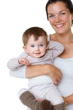 Portrait, hug and mother with baby in studio with love, smile and care against white background. Happy, face and woman embracing boy child, play and enjoy bond, relationship and parenthood together.