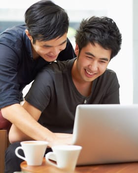 Happy, streaming and a gay couple with a laptop for a movie, internet search or reading email. Smile, love and Asian men with a computer for online information, movie choice or show together.