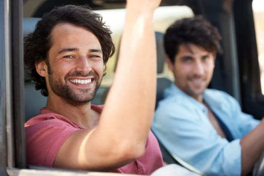 Happy, travel and portrait of men in a car for a drive, road trip or holiday together. Smile, journey and friends driving in transportation for vacation, happiness or an adventure or bonding.