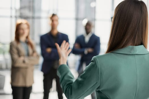 executive manager employer introducing welcoming newcomer to workmates. Human resources employment concept
