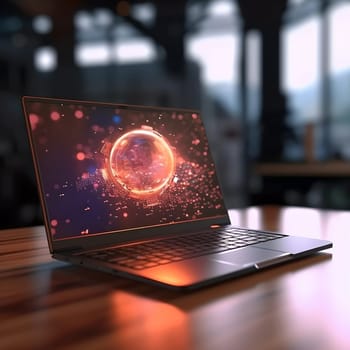 A modern laptop on your desk. There is a bright beautiful picture on the screen