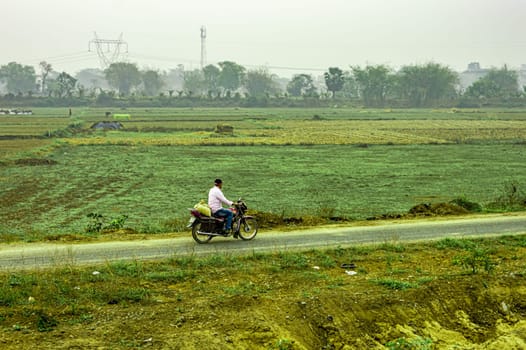 A village people with his By Cycles riding his bike on a village road amidst green field. Bardhaman West Bengal India South Asia Pacific March 15, 2023