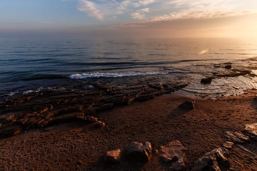 Beautiful dawn over the Caspian sea in Dagestan, Russia. High quality photo