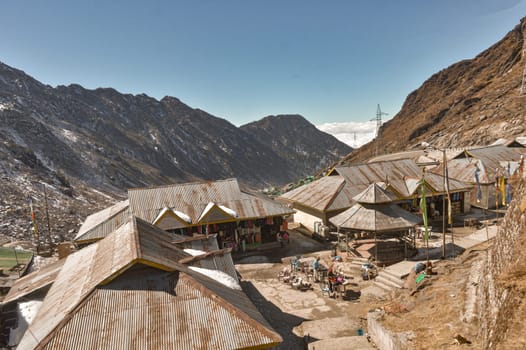 Rooftop of a Bazar Market surrounded by Mountain Valley. Top view. Sikkim West Bengal India