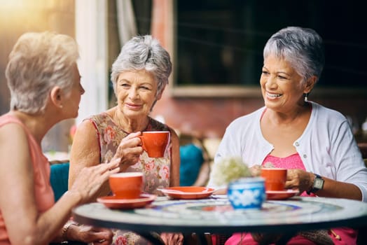 Coffee shop, happy and senior women talking, discussion and having friends reunion, retirement chat or social group. Restaurant, tea and elderly people in conversation for pension, discount and cafe.