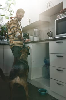 Is there something for me. a cheerful young man hanging out in the kitchen with his dog at home during the day