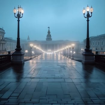 A 19th-century pavement surrounded by palaces. Evening sky