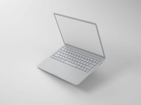 The raised top is an open thin gray laptop with a blank screen on a light background
