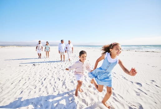 Excited, beach or happy children running or playing in summer with happiness or joy in nature. Kids, lovely girl or young boy bonding with a happy girl or playful sister walking as a family together.