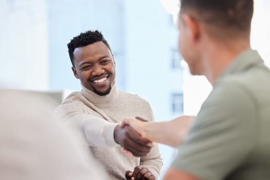 Men, handshake and partnership, success in interview with onboarding, promotion and working together. Collaboration, professional team and business people shaking hands in office, hiring and welcome.