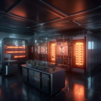 Laboratory of the future. A large room with glowing facilities