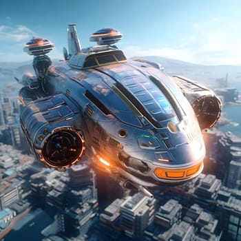 The spaceship of the future flies over the city. Sunny day
