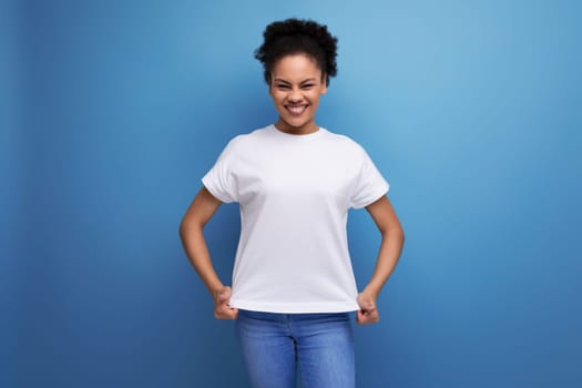 young pretty hispanic business music lover woman in white t-shirt for identity and branding.