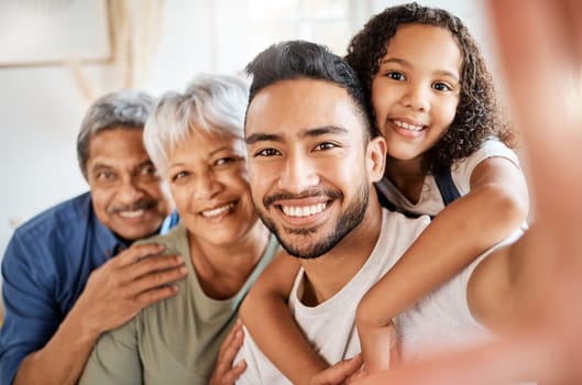 Happy family, portrait and smile of selfie in hug for social media, vlog or online post at home. Grandparents, father or face of child smiling for embrace of photo, memory or profile picture together.