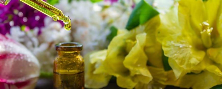 essential oil of flowers drips into a jar. selective focus. nature