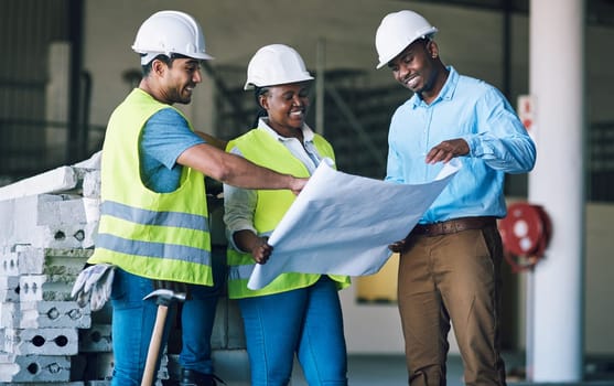 Engineer people, blueprint and documents in team construction, planning or strategy on site. Architect group in teamwork discussion, collaboration or building floor plan for industrial architecture.
