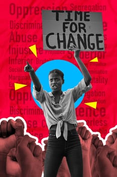 Poster, protest and woman with time for change sign isolated on a red background for human rights, racism or abuse. Speech, power and fist of african people pointing to government on red collage art.