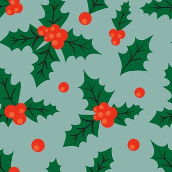 Retro Christmas seamless background with holly leaves and berries. Holly seamless pattern