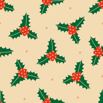Retro Christmas seamless background with holly leaves and berries. Holly seamless pattern