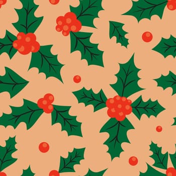 Retro Christmas seamless background with holly leaves and berries. Holly seamless pattern