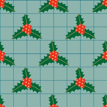 Retro Christmas pattern with holly leaves and berries. Holly seamless pattern