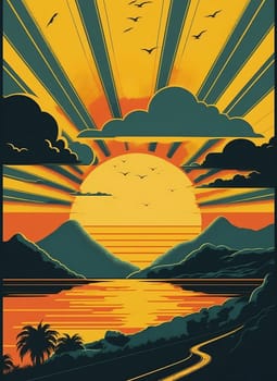 Retro poster of a seascape with waves, seagulls and clouds. Sunrise and sunset. Printing house. Background for poster, banner. Illustration.