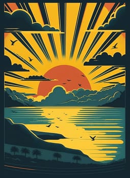 Retro poster of a seascape with waves, seagulls and clouds. Sunrise and sunset. Printing house. Background for poster, banner. Illustration.