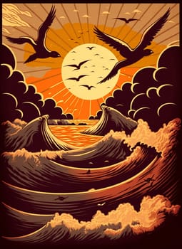 Retro poster of a seascape with waves, seagulls, sunrise and sunset. Printing house. Background for poster, banner. Illustration.