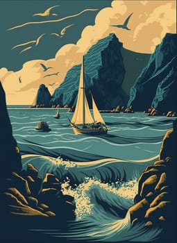Retro poster of a seascape with waves, seagulls, rocks and yachts. Printing house. Background for poster, banner. Illustration.