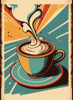 Vintage retro cups of coffee. Advertising poster 50s, 60s, coffee sale. Grunge poster. Illustration.