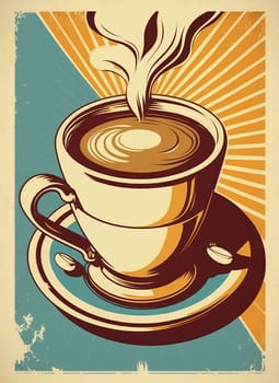 Vintage retro cups of coffee. Advertising poster 50s, 60s, coffee sale. Grunge poster. Illustration.