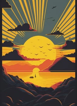 Retro poster of a seascape with waves, seagulls and clouds. Sunrise and sunset. Printing house. Background for poster, banner. Illustration.