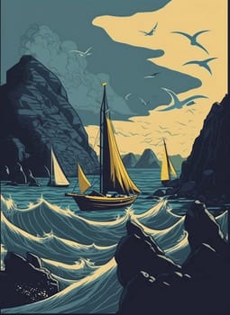 Retro poster of a seascape with waves, seagulls, rocks and yachts. Printing house. Background for poster, banner. Illustration.