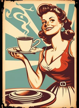 Vintage retro poster, woman with coffee cup. Advertising poster 50s, 60s, coffee sale. Grunge poster. Illustration.
