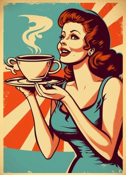 Vintage retro poster, woman with coffee cup. Advertising poster 50s, 60s, coffee sale. Grunge poster. Illustration.