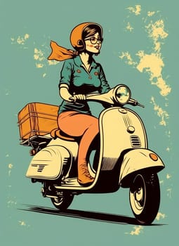 Vintage retro poster, woman on a moped. Advertising poster 50s, 60s, coffee sale. Grunge poster. Illustration.