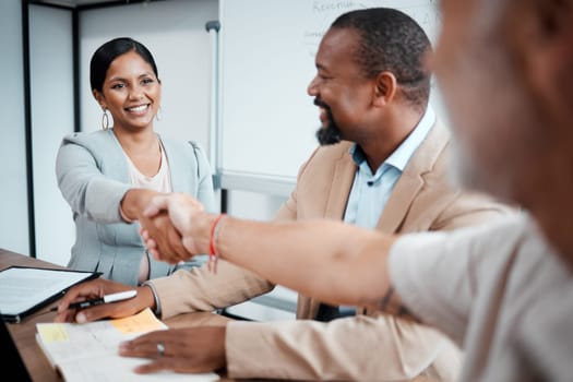 Happy, business people and handshake for meeting, agreement or b2b deal in partnership at the office. Woman employee shaking hands with businessman for teamwork, welcome or introduction at workplace.