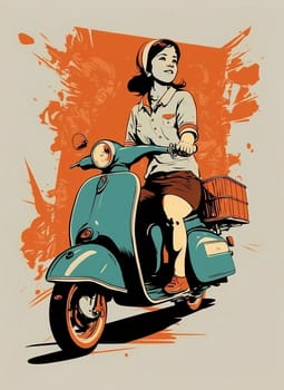 Vintage retro poster, woman on a moped. Advertising poster 50s, 60s, coffee sale. Grunge poster. Illustration.