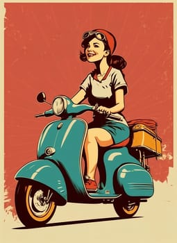 Vintage retro poster, woman on a moped. Advertising poster 50s, 60s, coffee sale. Grunge poster. Illustration.