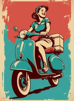Vintage retro poster, woman on a moped. Advertising poster 50s, 60s, coffee sale. Grunge poster. Illustration.