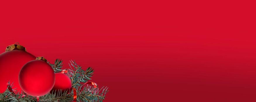 Red Christmas balloons on a red background. Background for a Christmas card. Valentine's day. Background for advertising and business. Panorama Of The Banner. Christmas, New year, Valentine's Day