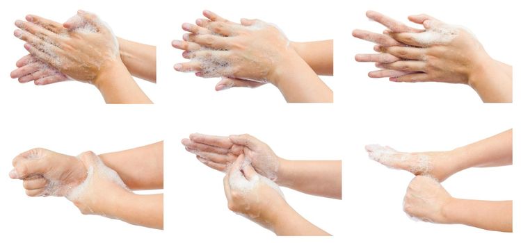 Hand washing medical procedure step by step. Isolated on white background.